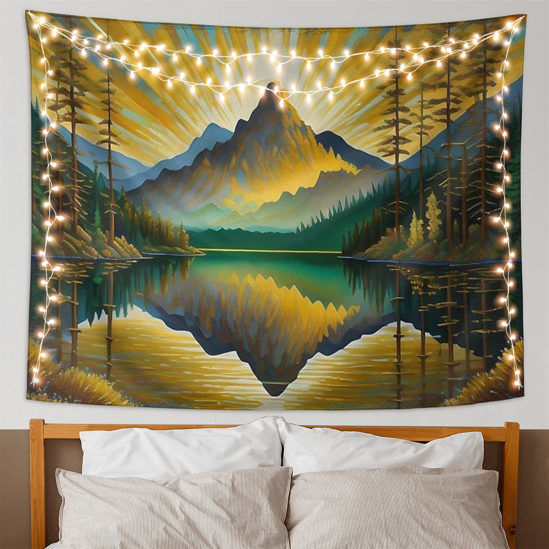 Landscape Sunset View of Lake Mountain Range Tapestry Forest Tree Tapestry