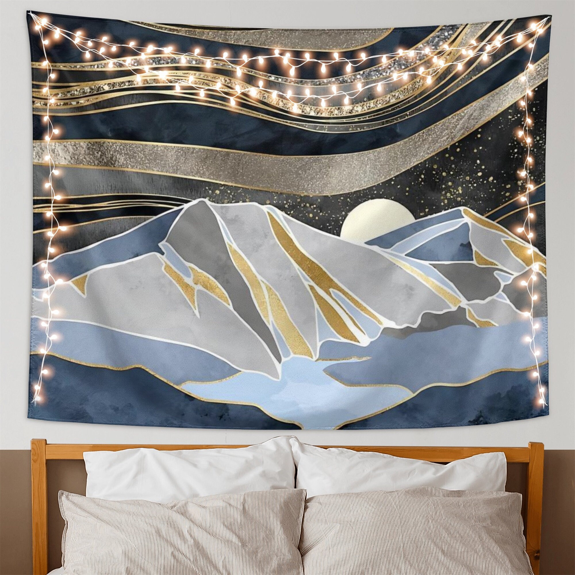 Boho Sun Mountains Tapestry - Gray Medieval Abstract Forest Wall Art