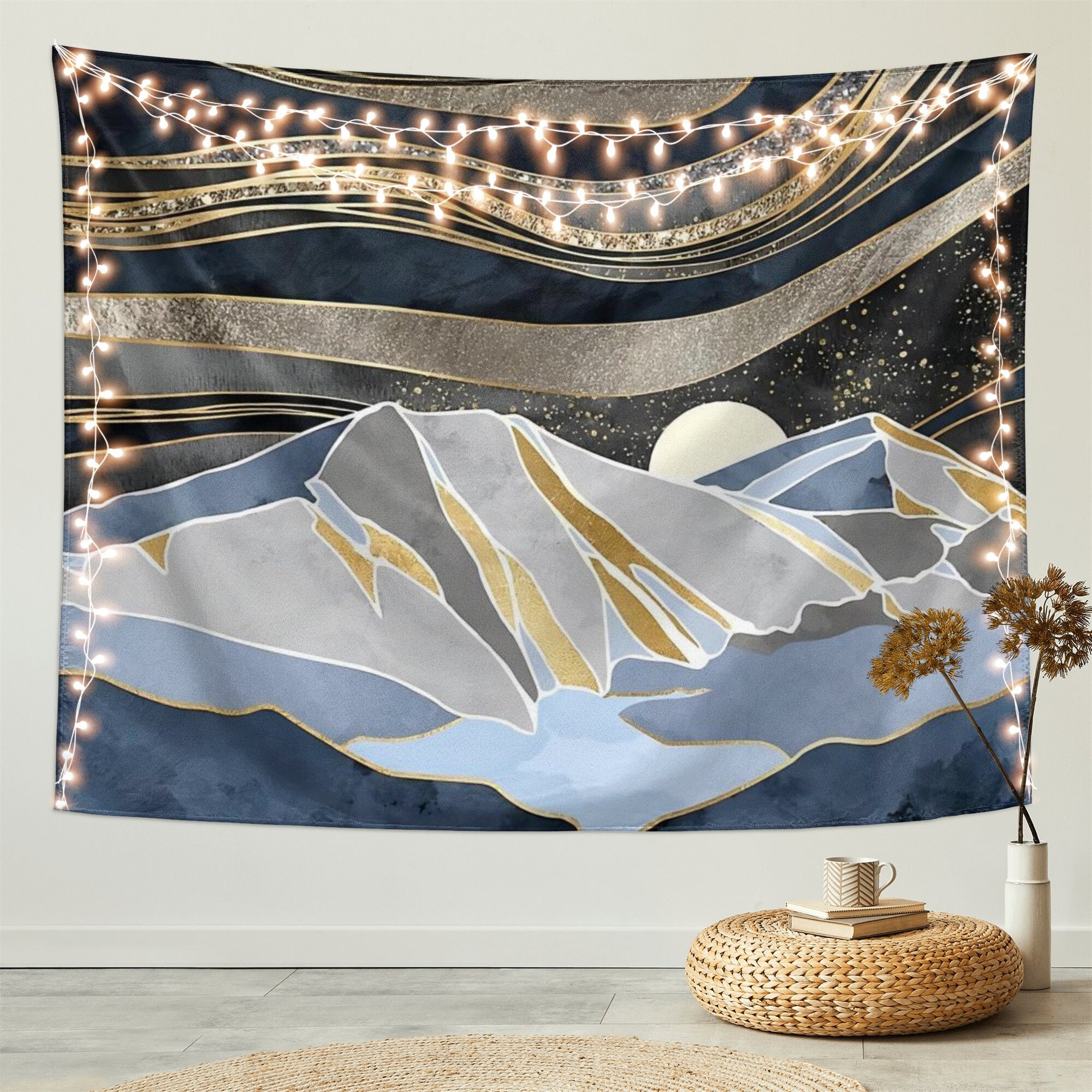 Boho Sun Mountains Tapestry - Gray Medieval Abstract Forest Wall Art
