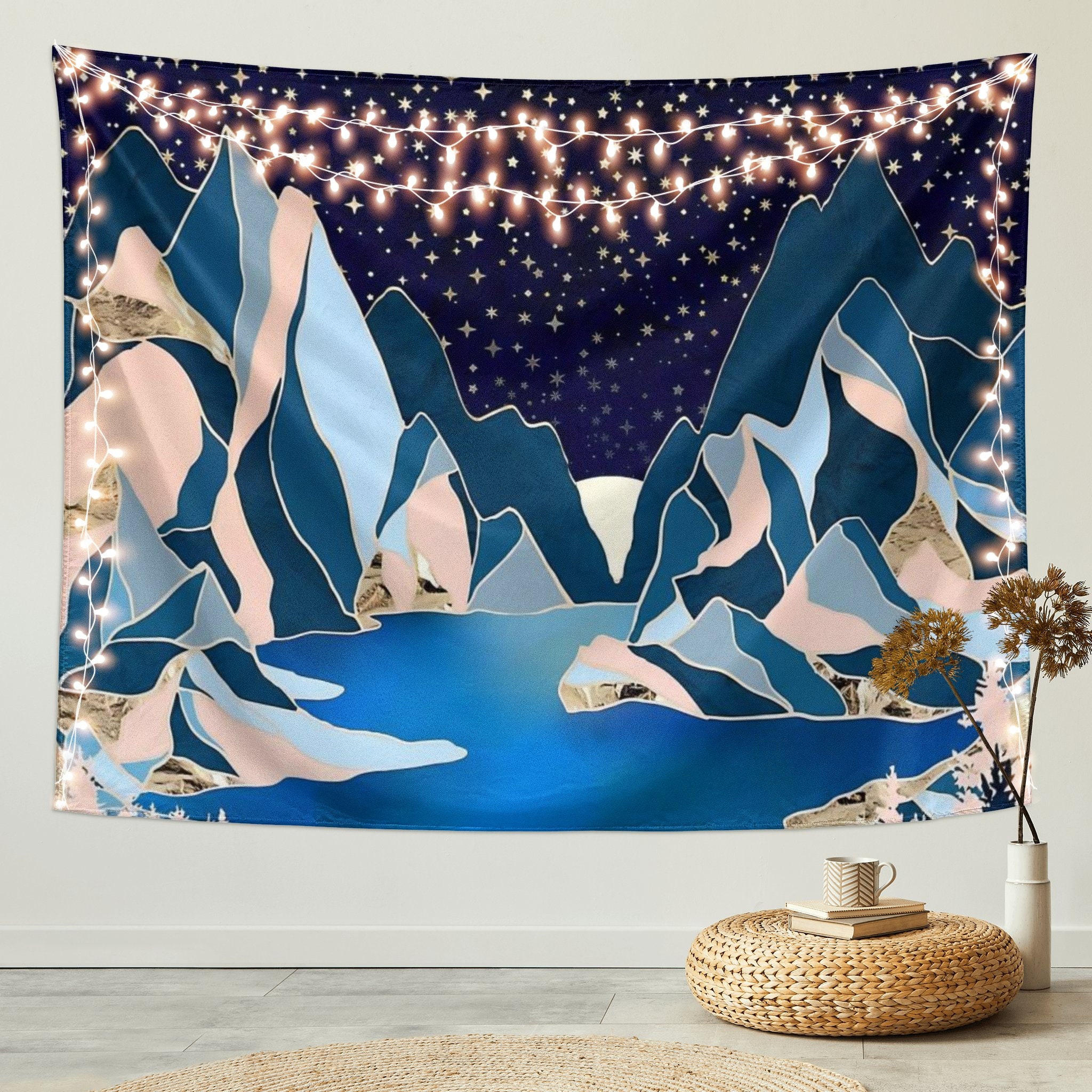 Mountain Tapestry Mountains and Starry Sky Decorative Wall Hanging  Nature Landscape Art