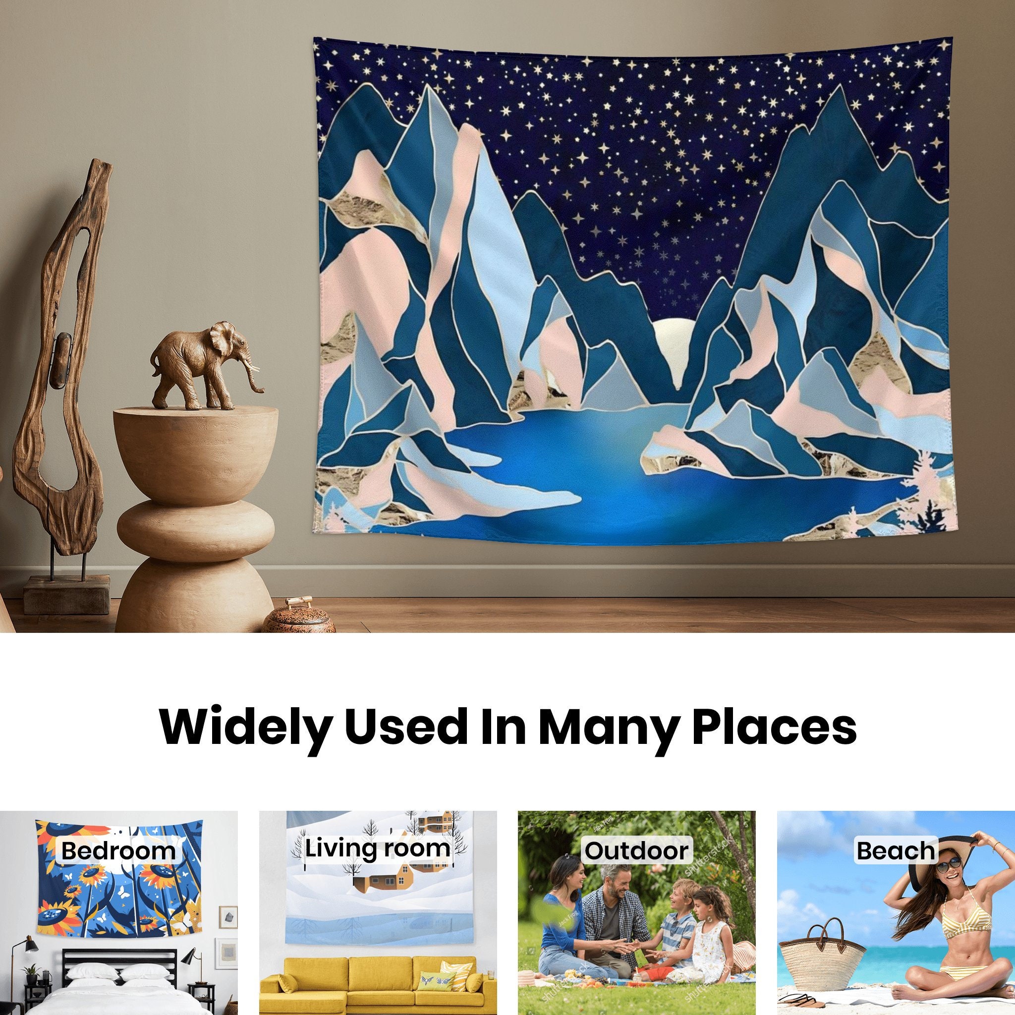 Mountain Tapestry Mountains and Starry Sky Decorative Wall Hanging  Nature Landscape Art
