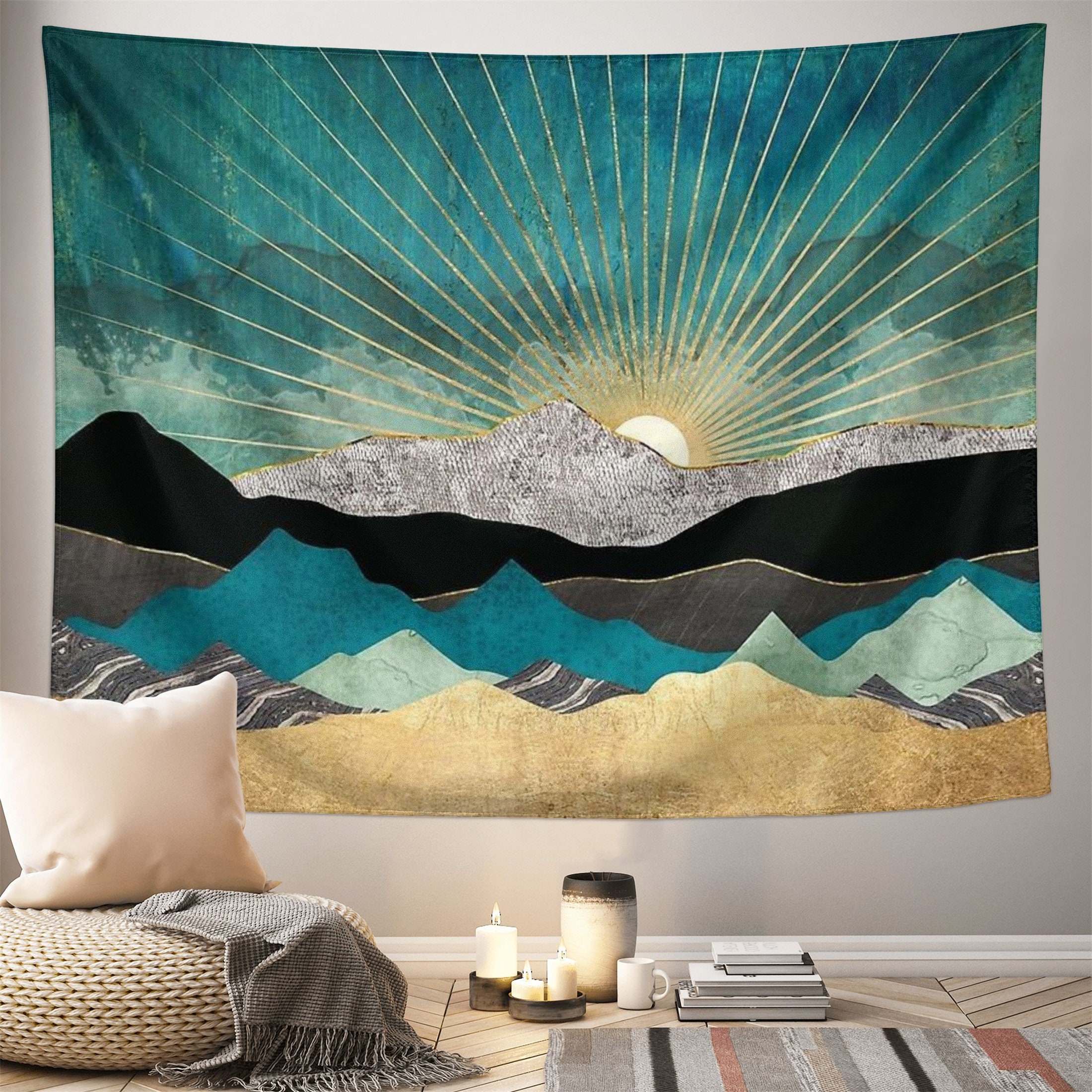 Sunrise and Mountain Tapestry Boho Tapestries Abstract Nature Landscape