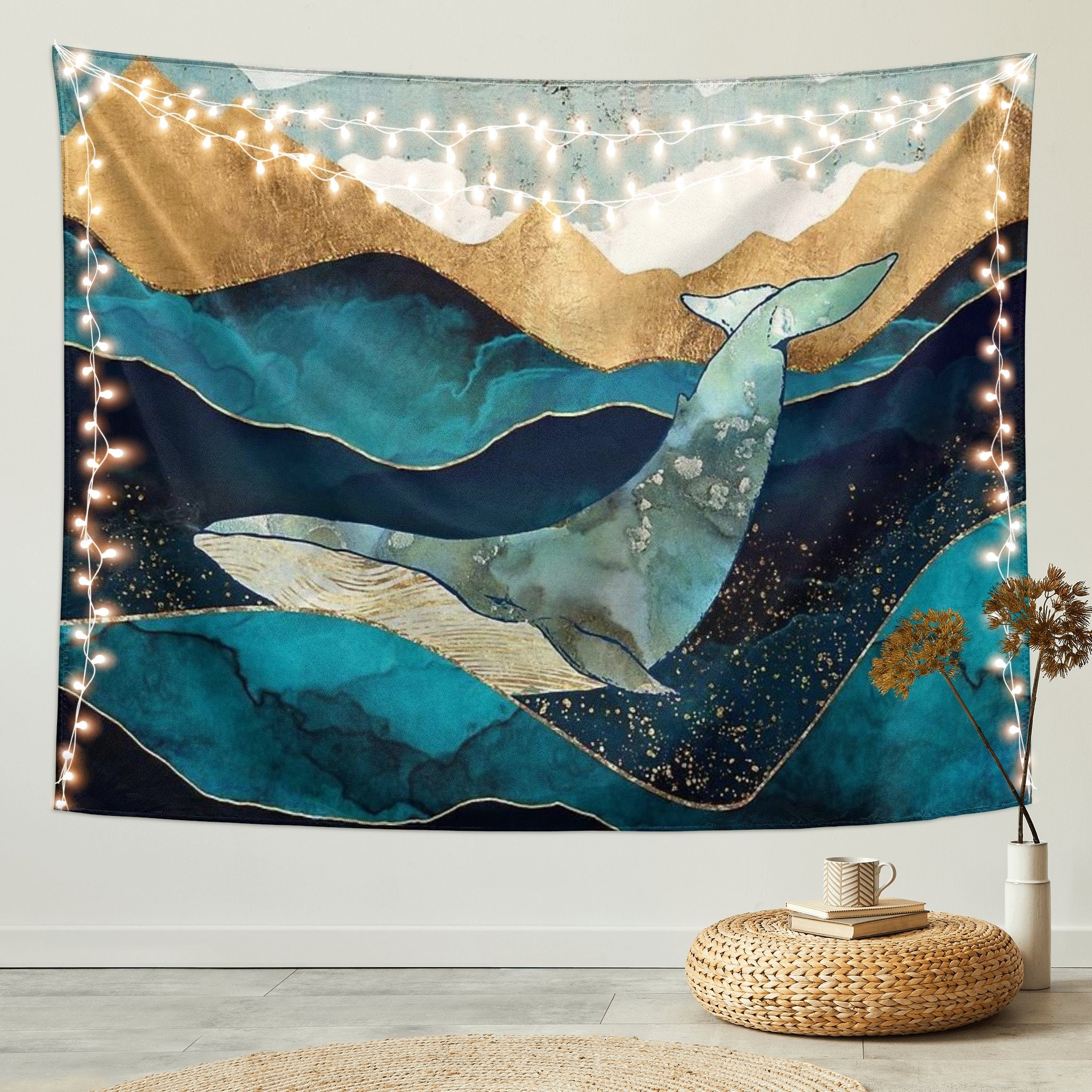 Blue Whale Tapestry Wall Hanging Ocean Waves Room Decor Wall Tapestry
