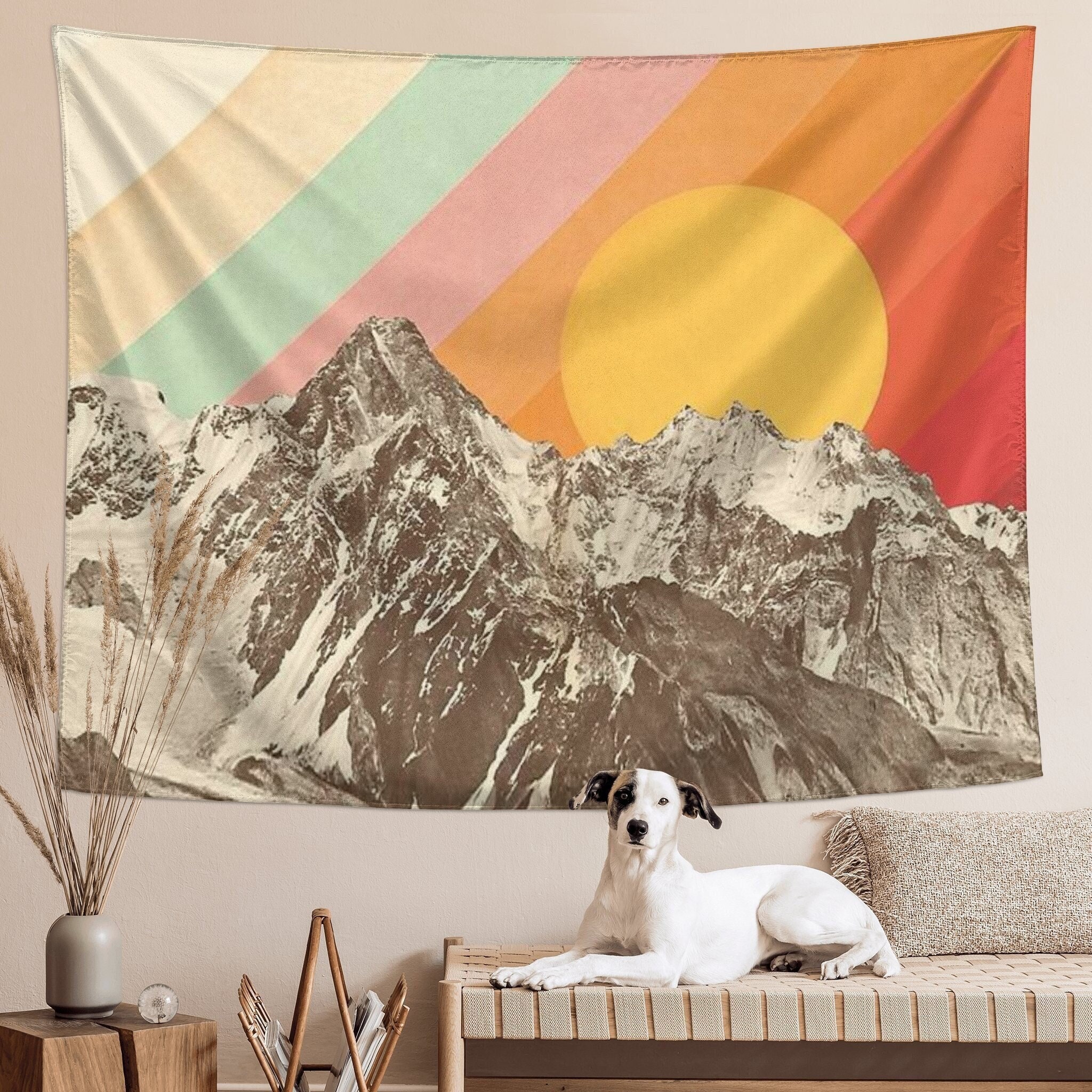 Boho Mountain Sun Tapestry Mid Century Abstract Landscape