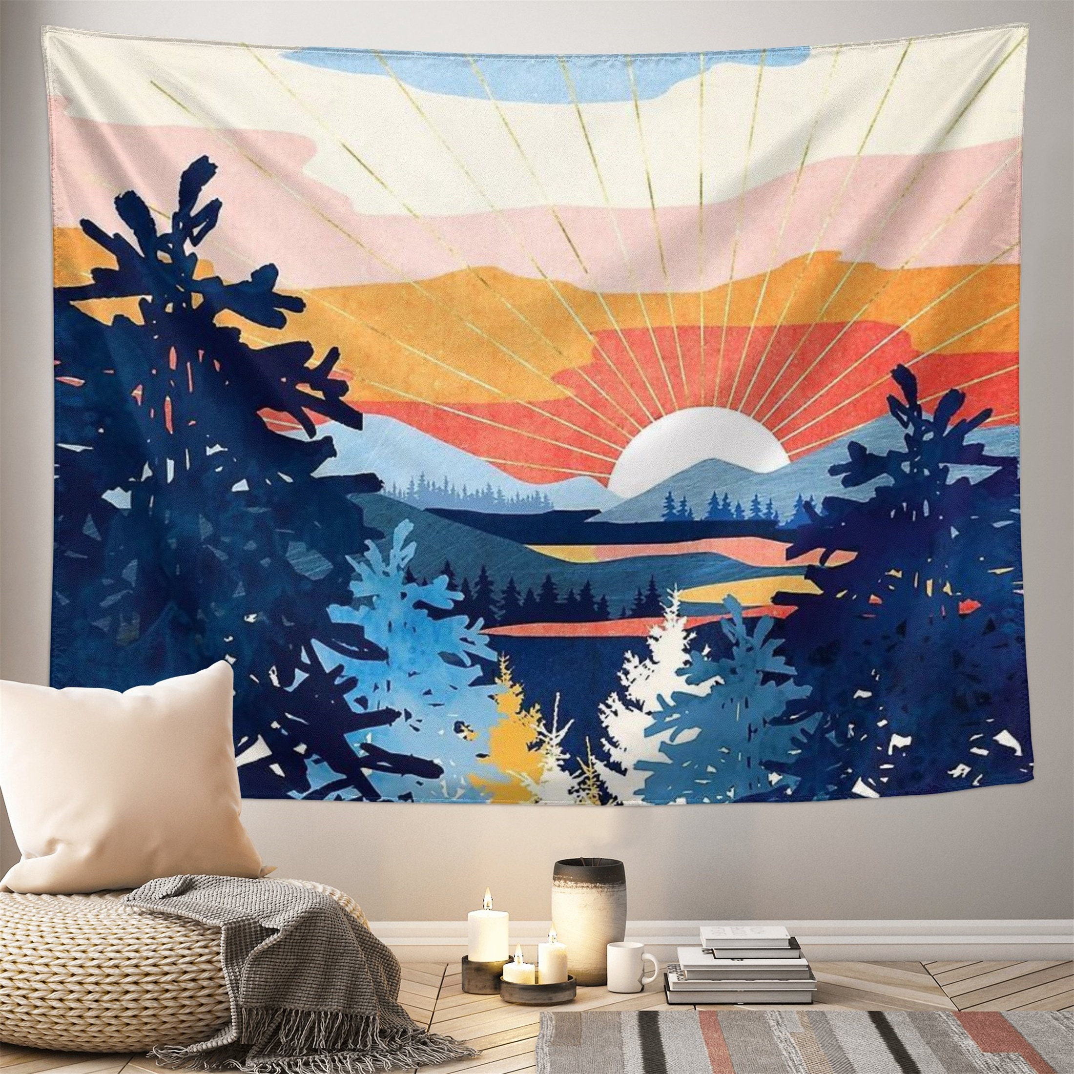 Mountain Sun Boho Tapestry Art Sunrise Nature Tapestry Sunset Landscape