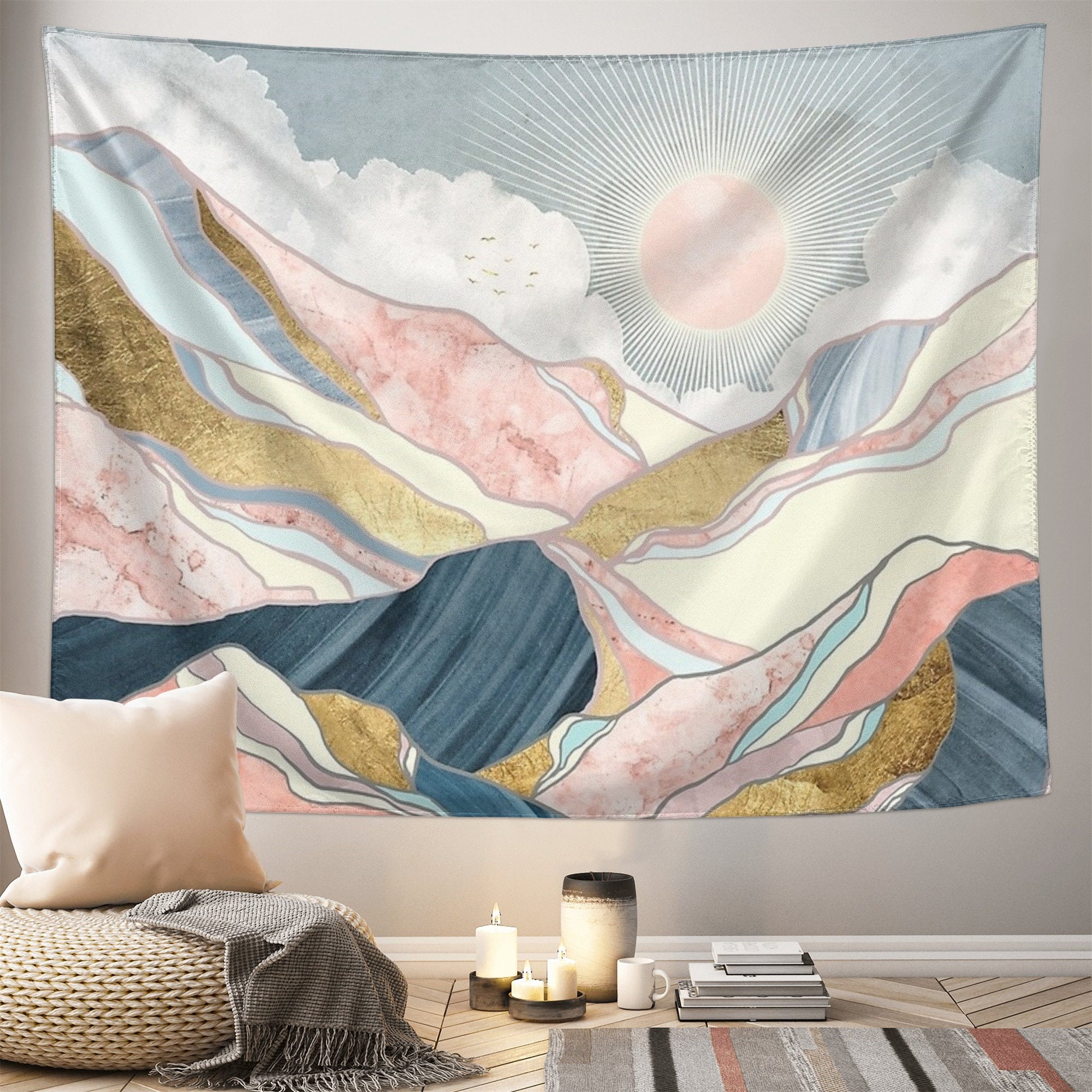 Abstract Mountain Sunset Tapestry - Boho Nature Landscape