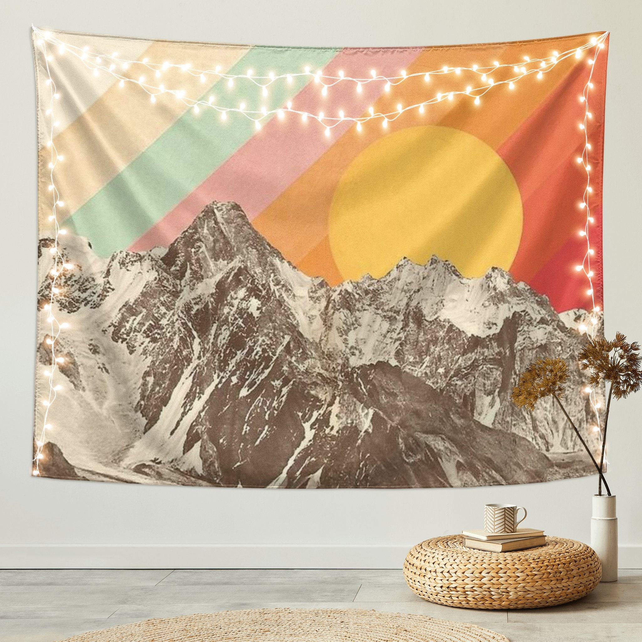 Boho Mountain Sun Tapestry Mid Century Abstract Landscape