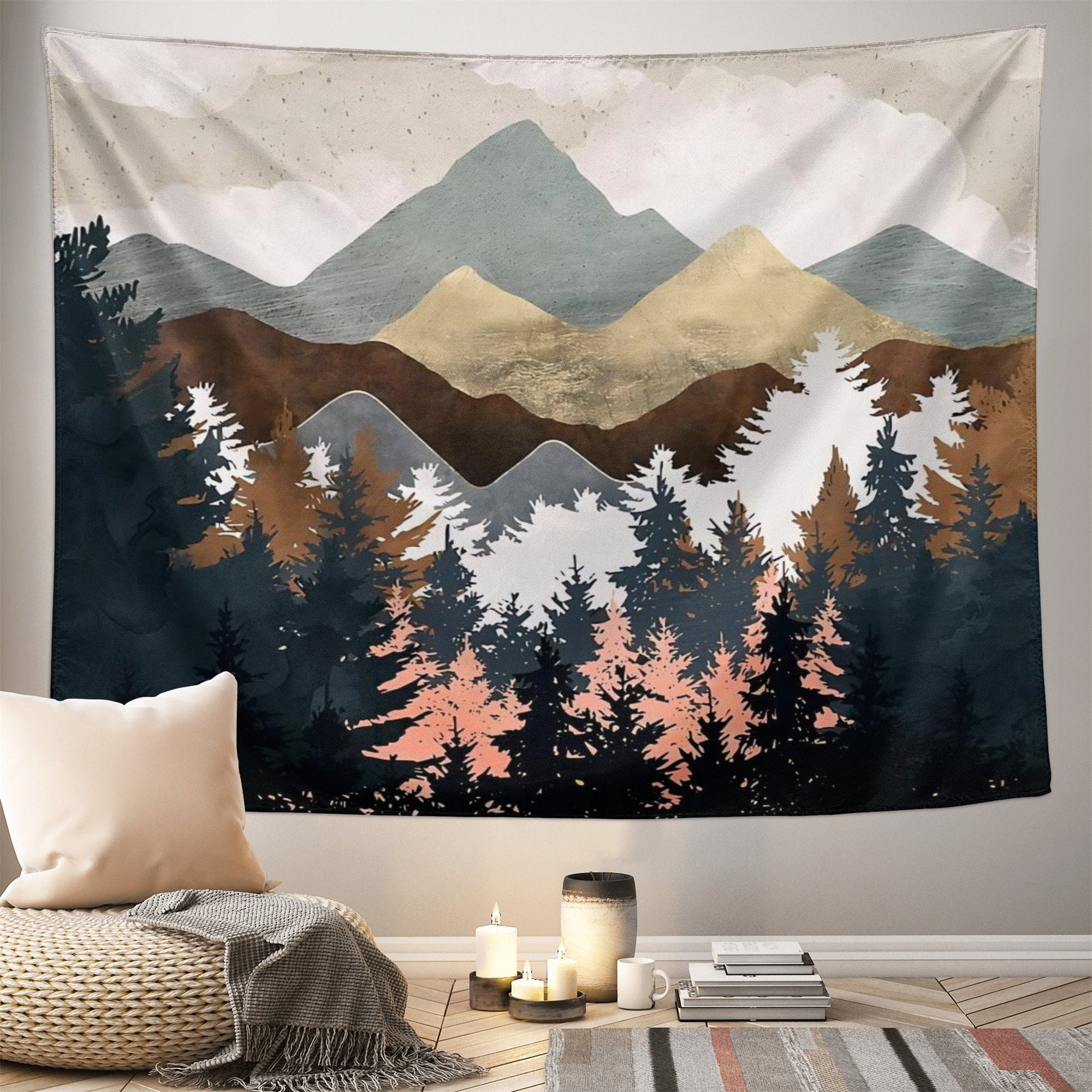 Forest Tapestry, Boho Mountain Sun Art, Abstract Landscape