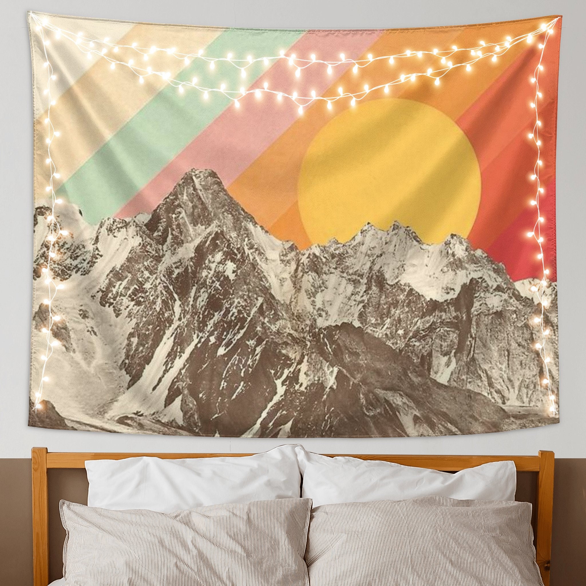 Boho Mountain Sun Tapestry Mid Century Abstract Landscape