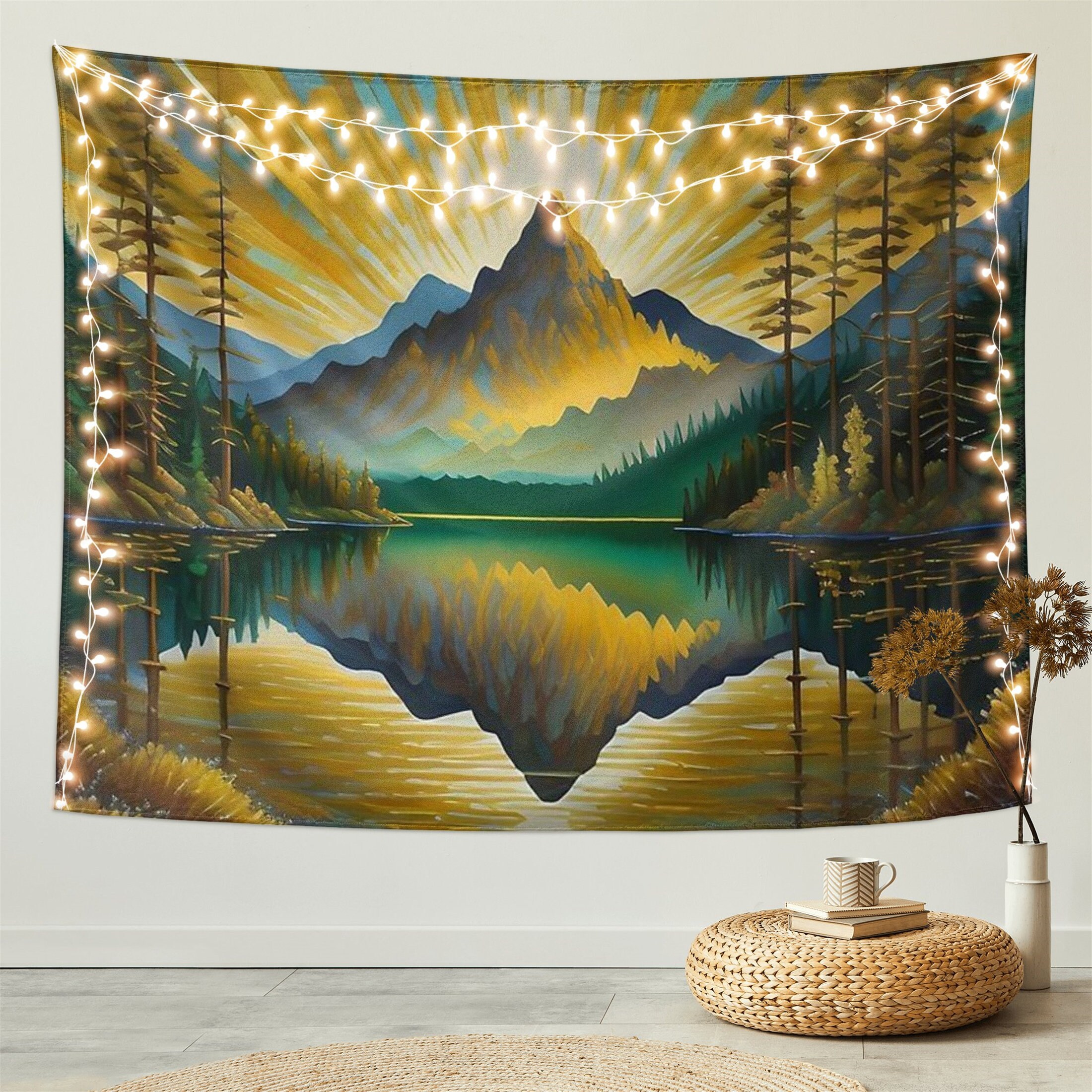 Landscape Sunset View of Lake Mountain Range Tapestry Forest Tree Tapestry