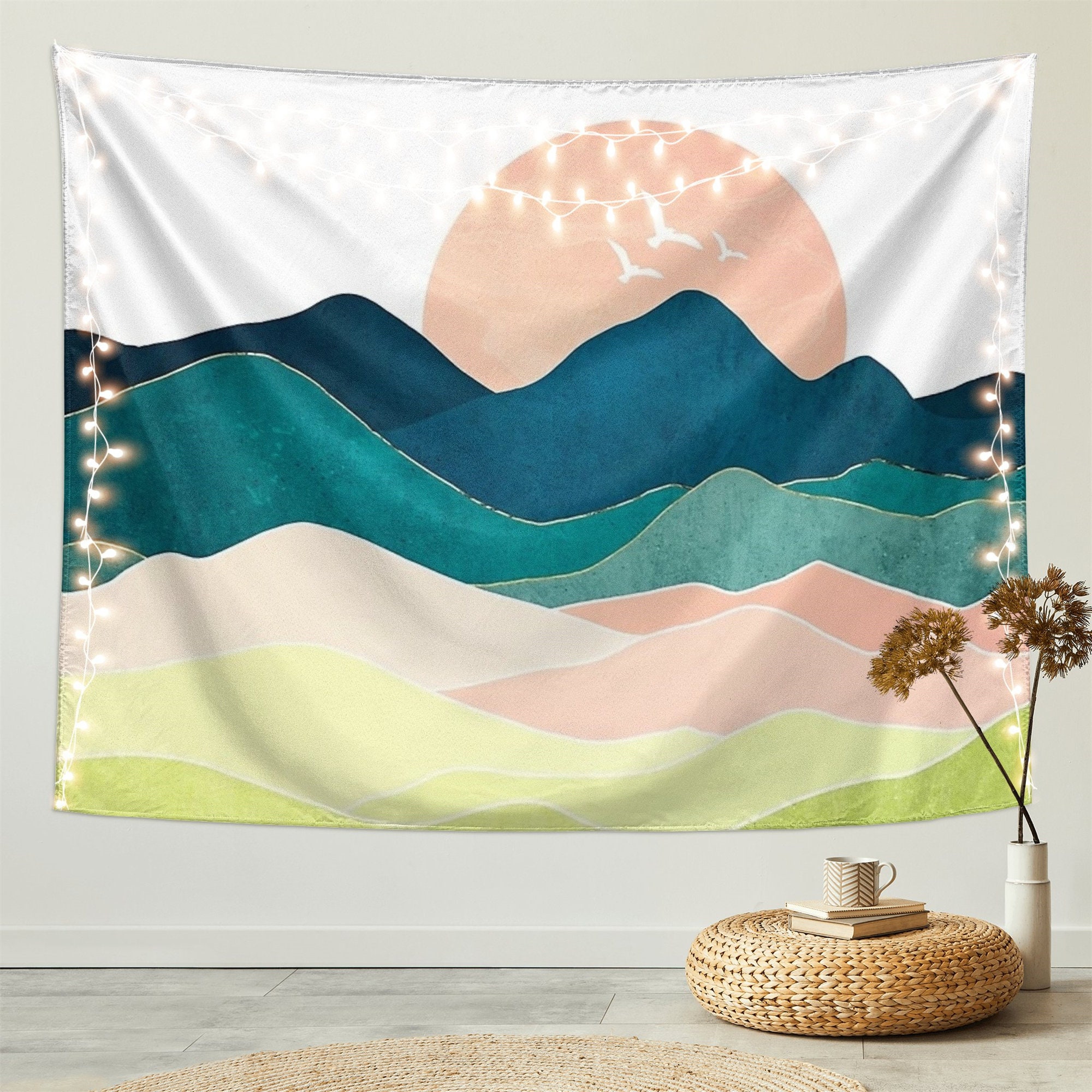 Mountain Tapestry - Boho Abstract Sun Landscape Wall Hanging Art