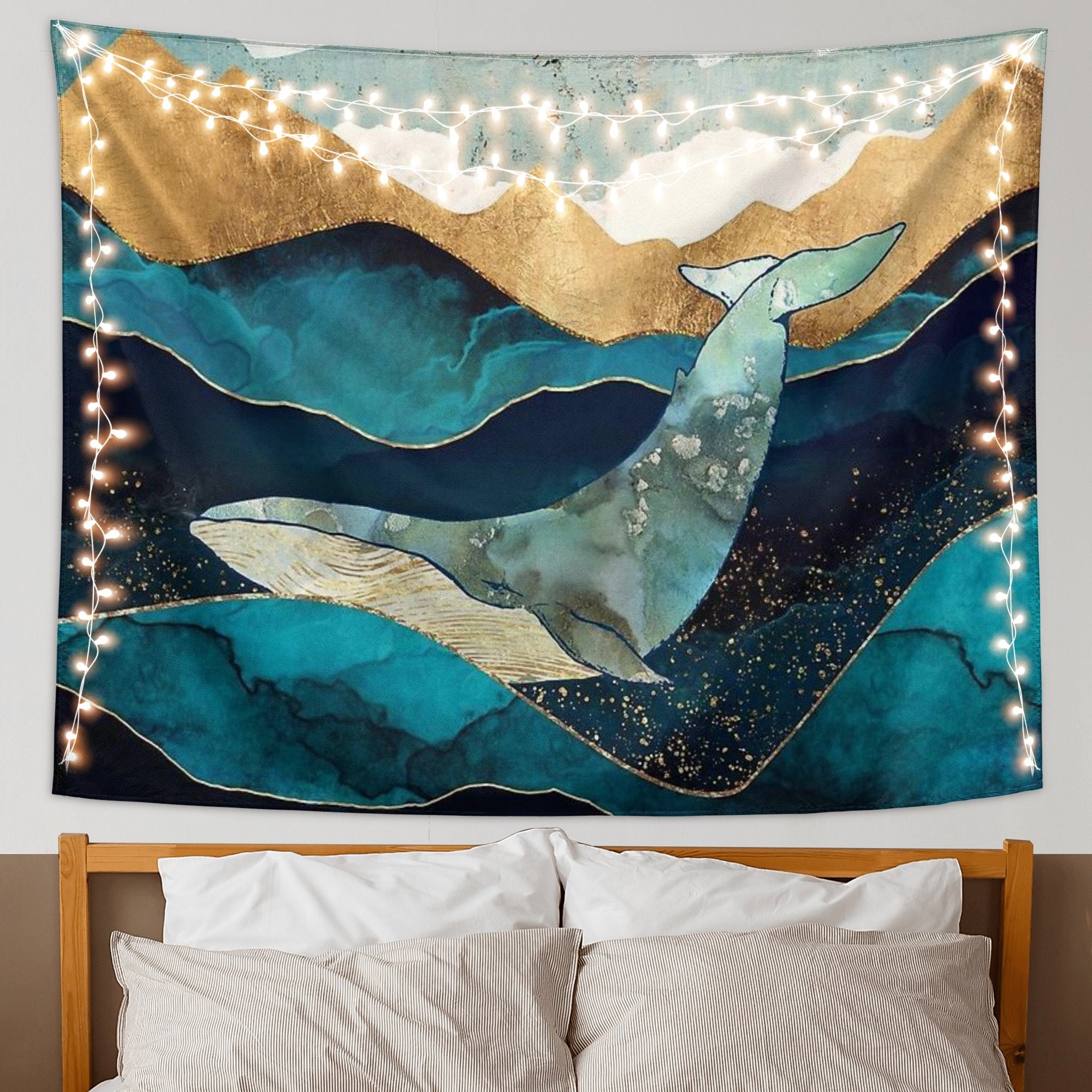 Blue Whale Tapestry Wall Hanging Ocean Waves Room Decor Wall Tapestry