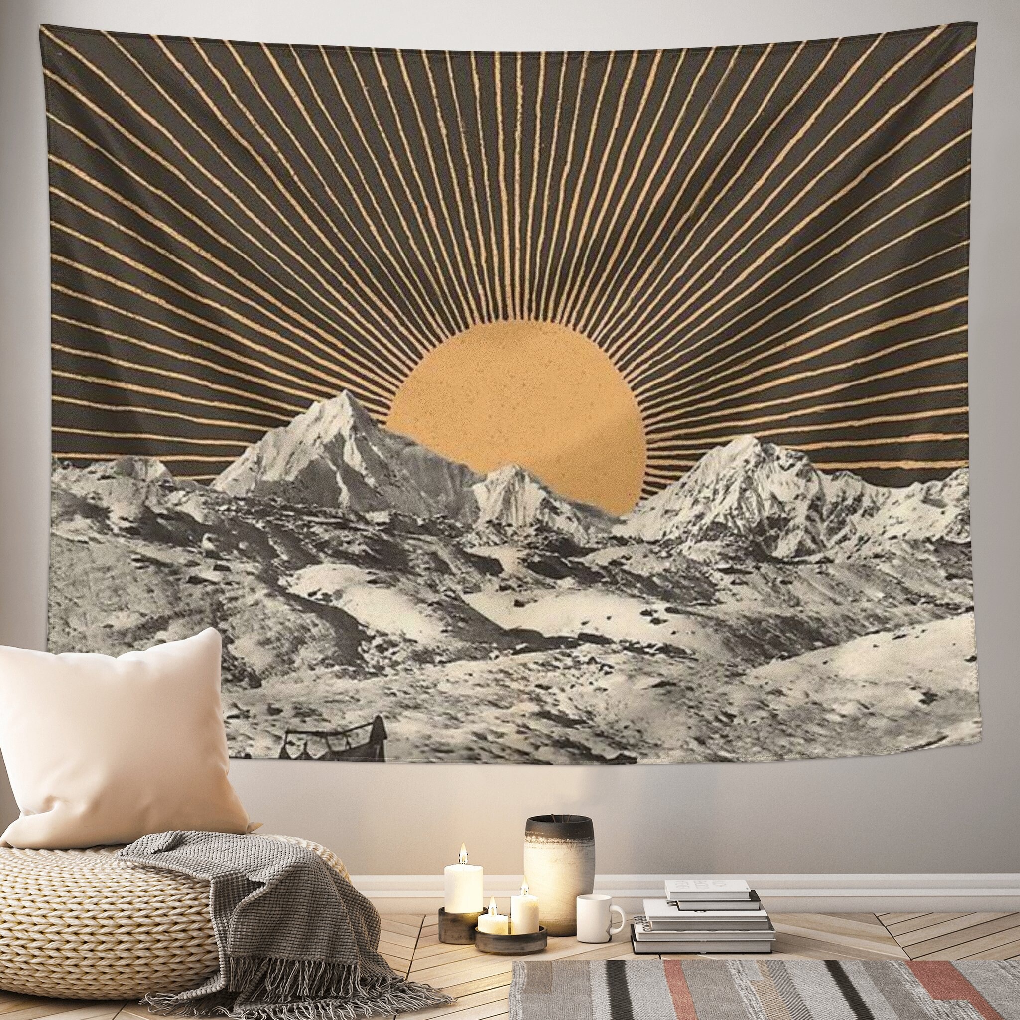 Sun Tapestry Vintage Sunrise Mountain Tapestry Wall Hanging Bedroom Bohemian Retro