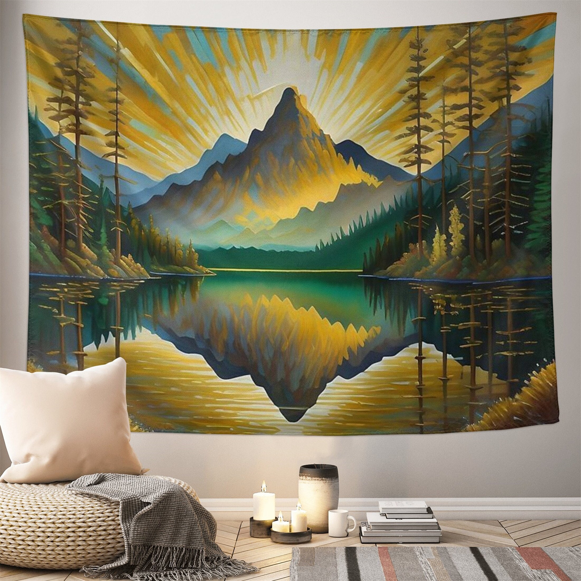 Landscape Sunset View of Lake Mountain Range Tapestry Forest Tree Tapestry