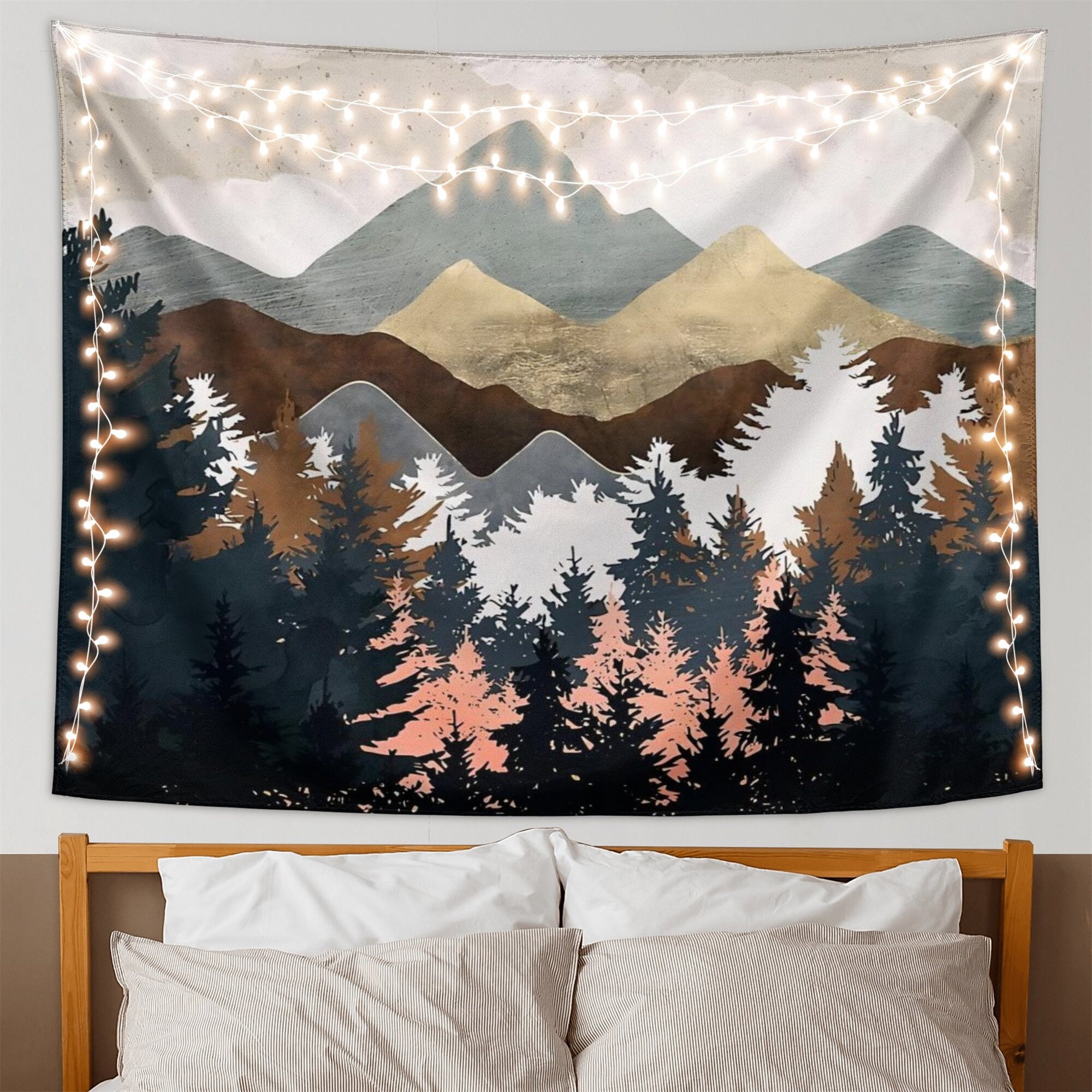 Forest Tapestry, Boho Mountain Sun Art, Abstract Landscape