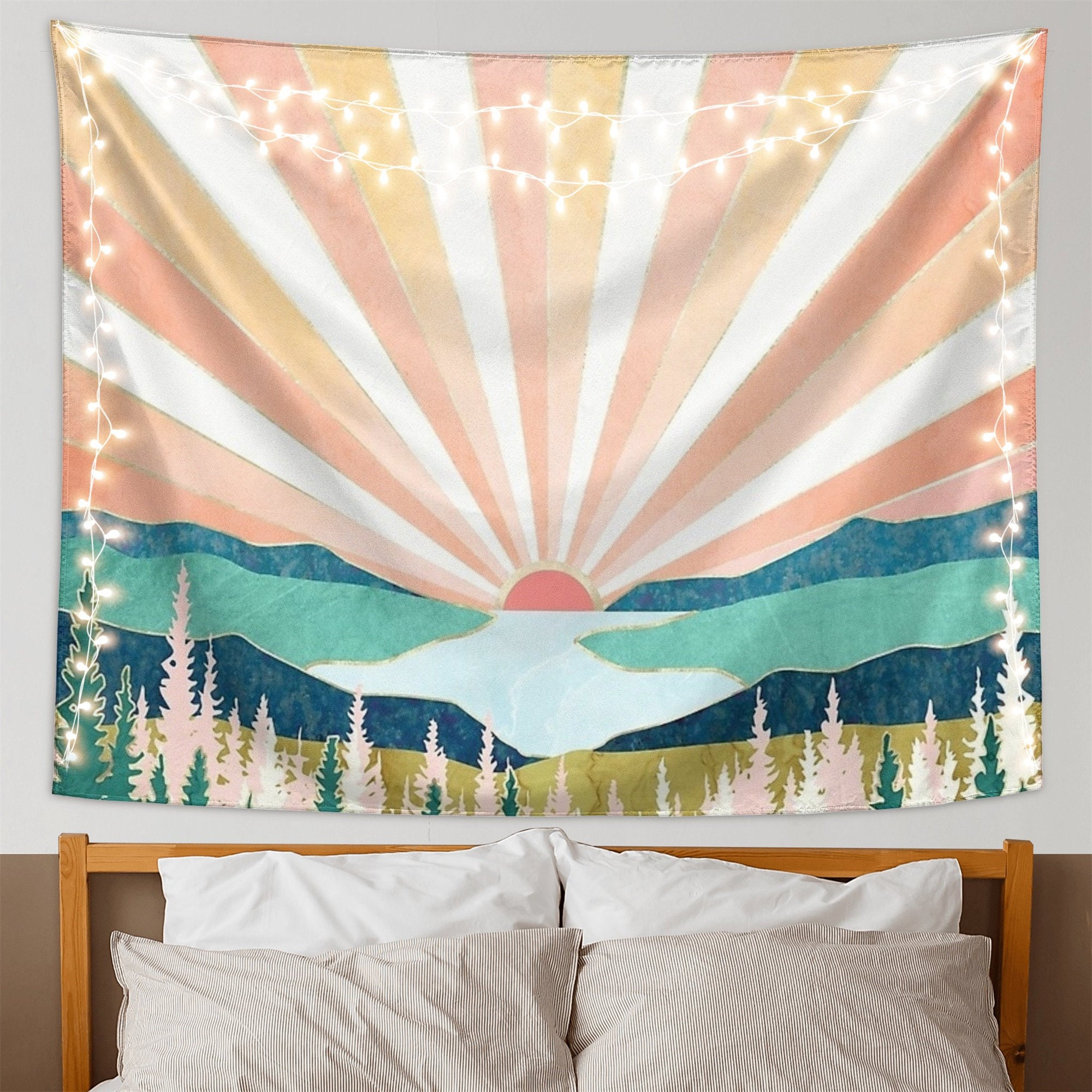 Vintage Sun Tapestry with Retro 70s Rainbow Sunrise and Sunset