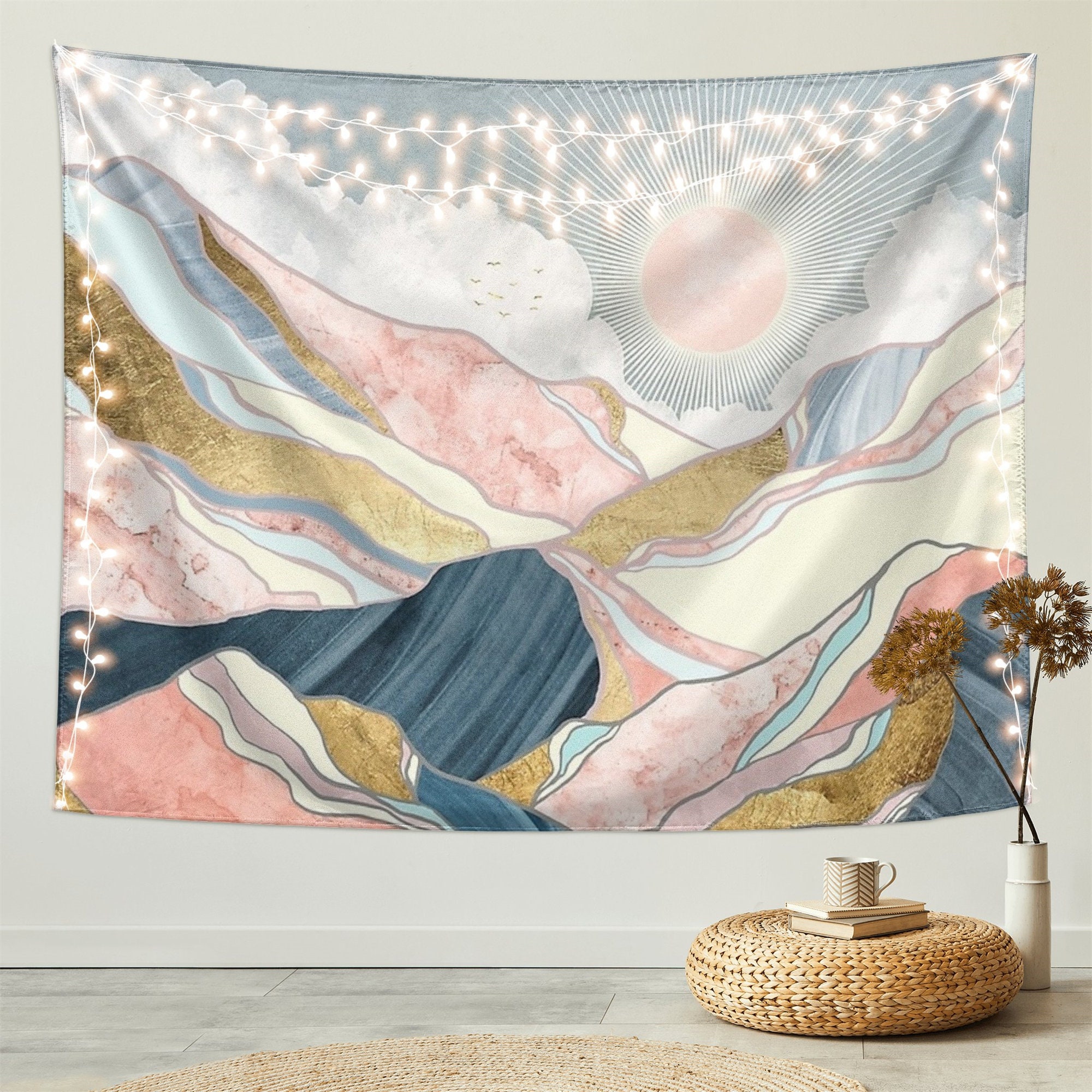 Abstract Mountain Sunset Tapestry - Boho Nature Landscape