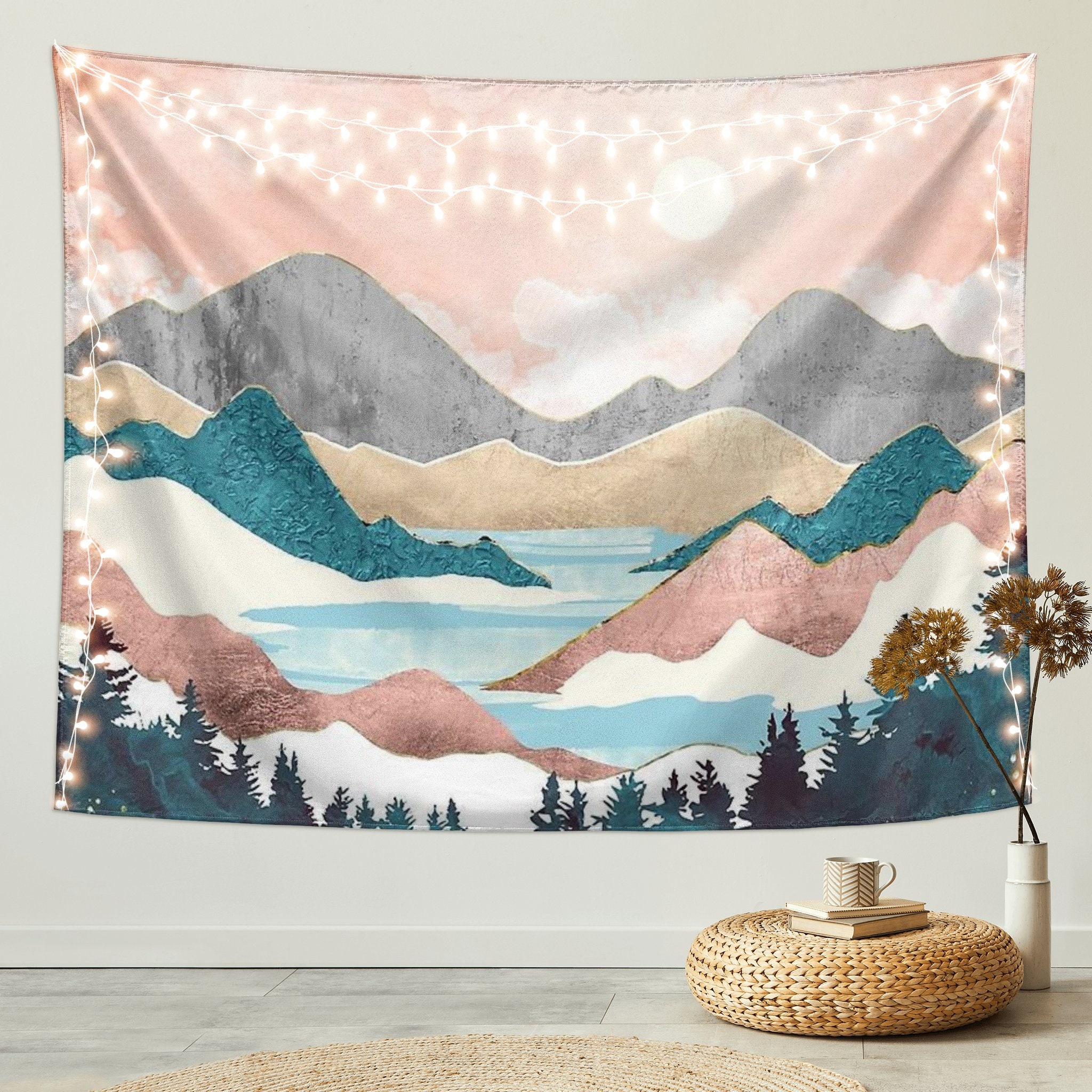 Mountain and Sunset Tapestry Wall Hanging Forest Trees Tapestry