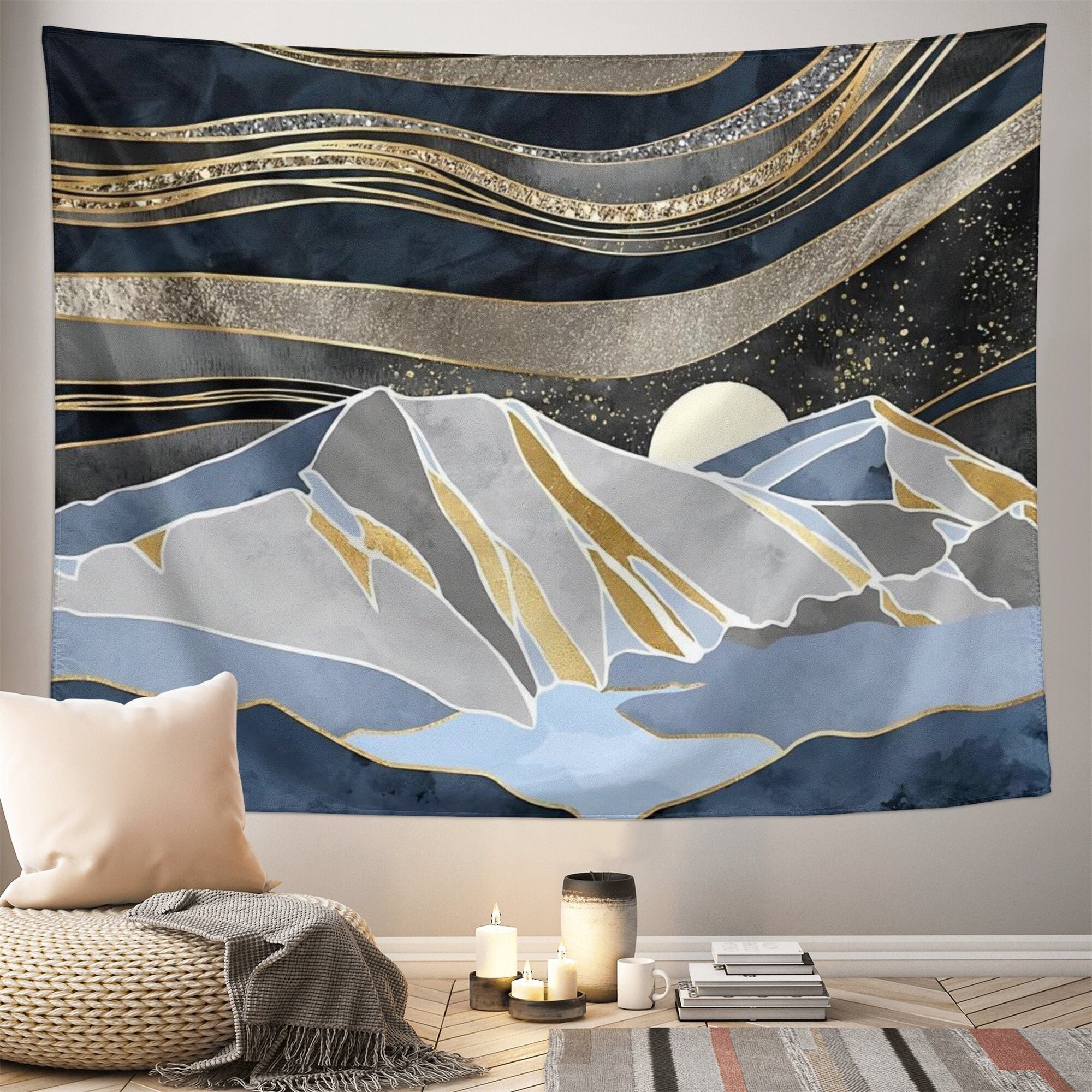 Boho Sun Mountains Tapestry - Gray Medieval Abstract Forest Wall Art