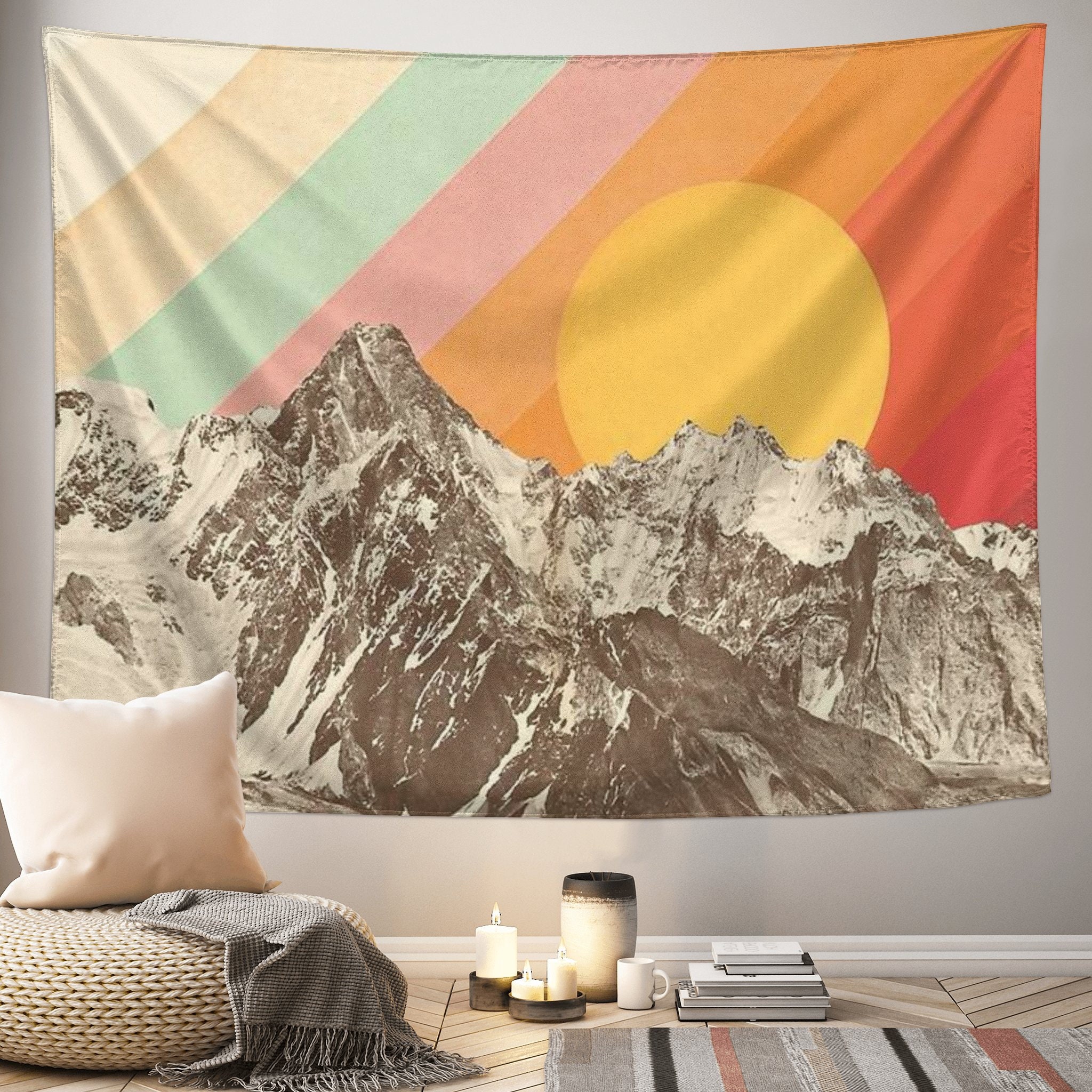 Boho Mountain Sun Tapestry Mid Century Abstract Landscape