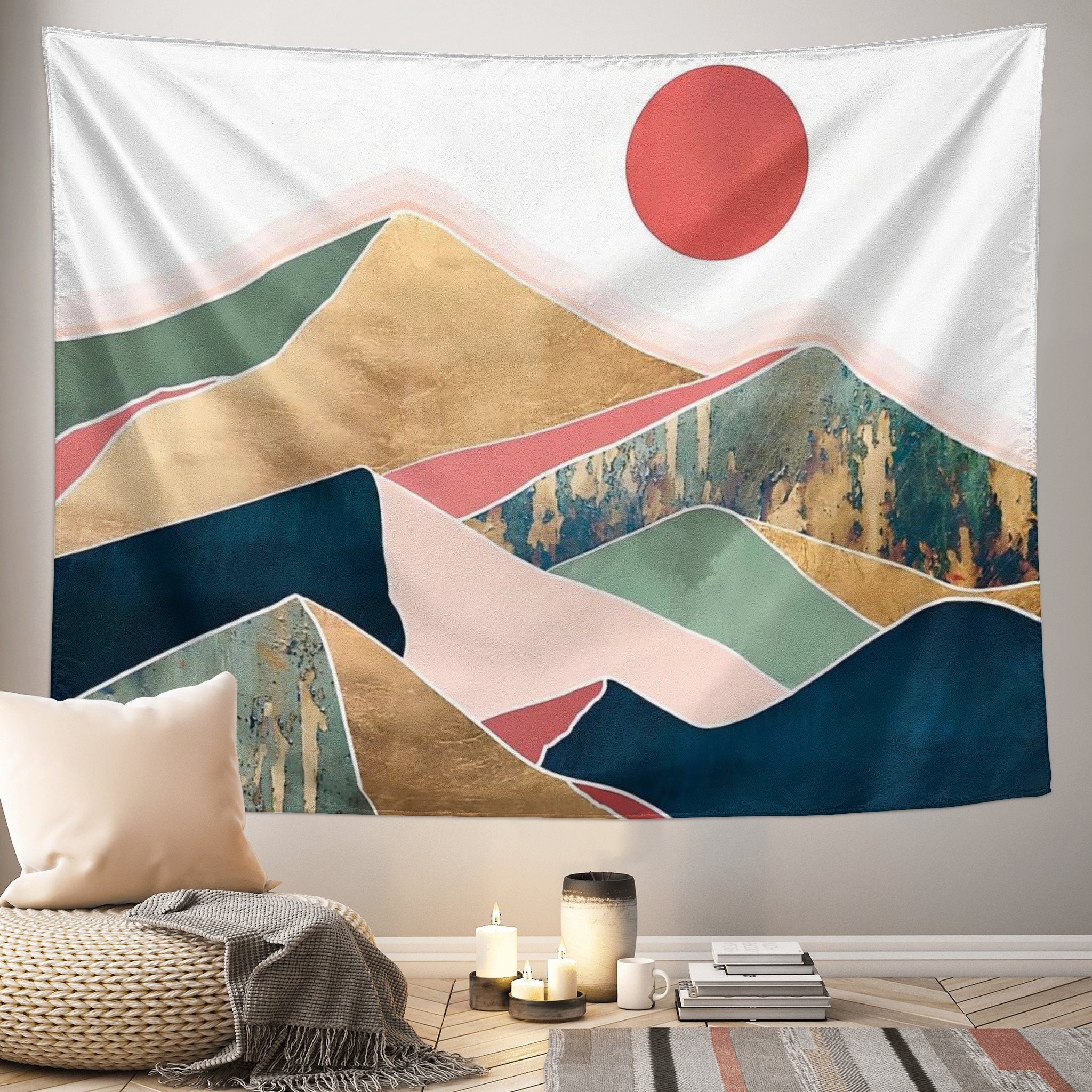 Mountain Sun Boho Tapestry, Simple Art Sunrise Nature Tapestry