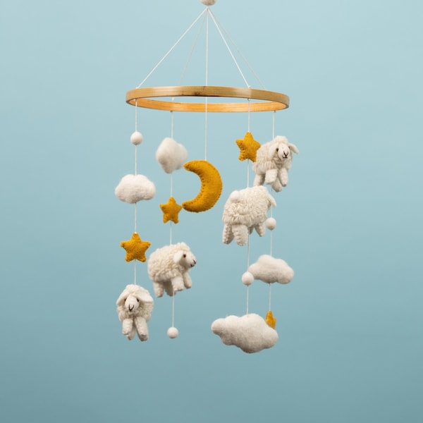 Mobile handmade from felt | Sheep Sheep Moon Stars | Baby room decoration | Gift baby shower, birth, baptism | Boys & Girls