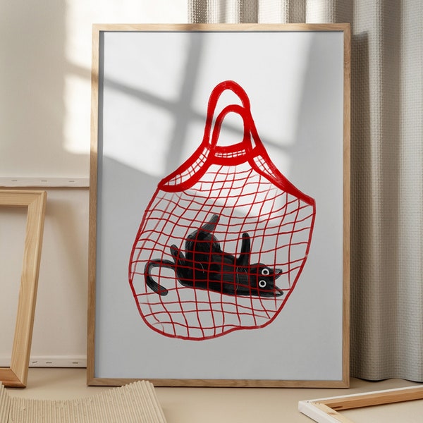 Gato en una bolsa | Rojo | Gato negro | Impresión de arte ? Minimalista | Impresión de carteles | Arte Digital | japonés | escandinavo