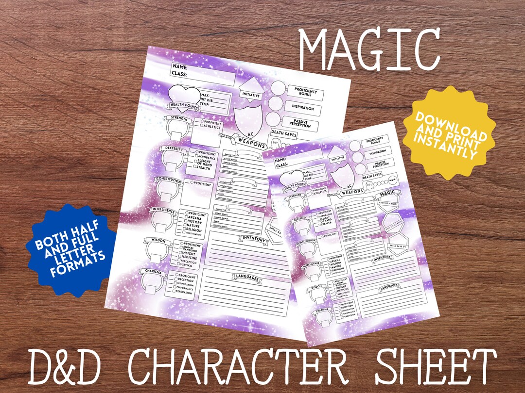 Purple Magic D&amp;D Character Sheet (half and Full Letter Size) - Etsy