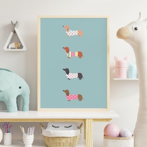 Colorful Dachshund Wall Art Print | Kids Room Nursery Wall Art | Sausage Dog Print | Digital Download | Animal poster | Home Decor