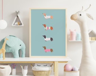 Colorful Dachshund Wall Art Print | Kids Room Nursery Wall Art | Sausage Dog Print | Digital Download | Animal poster | Home Decor