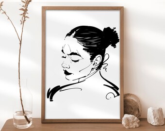 Minimalist Woman Portrait Poster – Abstract Black and White Line Art