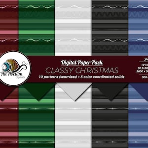 Papel digital elegante de Natal sem costura, listras, brilhos, luxo, 10 padrões + 5 sólidos coordenados, download instantâneo para uso comercial