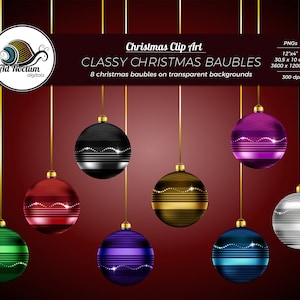 8 enfeites de Natal elegantes e brilhantes, bolas de Natal douradas luxuosas, enfeites de árvore prateados e vermelhos, clipart, PNGs transparentes, bolas semelhantes a 3D