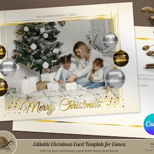 Editable Canva Christmas Card template, 7x5 inches, photo card template, Merry Christmas, elegant baubles, customizable holidays photo card