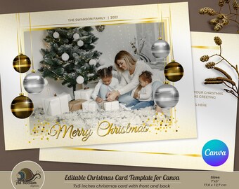 Editable Canva Christmas Card template, 7x5 inches, photo card template, Merry Christmas, elegant baubles, customizable holidays photo card