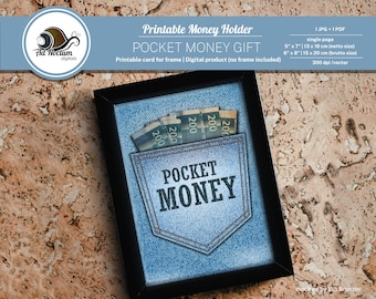 May include: Printable pocket money gift card with a blue denim pocket and the text "POCKET MONEY" in black. The card is framed in black and has five bills with the number "200" visible.