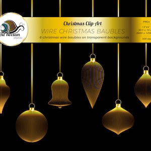 6 enfeites de Natal de arame dourado, enfeites de bola de árvore, clipart digital, PNGs em fundo transparente, download instantâneo, uso comercial