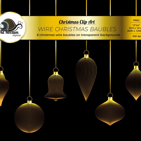 6 Golden Wire Christmas Baubles, tree ball ornaments, digital clipart, PNGs on transparent background, instant download, commercial use