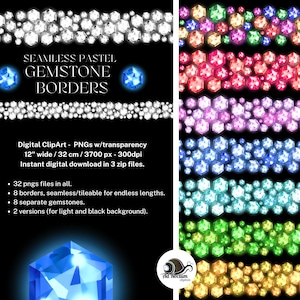 Puede incluir: Un conjunto de ocho bordes de gemas pastel sin costuras, cada uno con un color de gema diferente. Los bordes tienen 12 pulgadas de ancho y 3700 píxeles de resolución. El conjunto incluye 32 archivos PNG con transparencia.