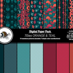 Könnte beinhalten: Ein digitales Papierpaket mit 14 nahtlosen Mustern in Orange- und Türkistönen. Die Muster umfassen geometrische Formen, Blätter und Pilze. Das Paket enthält 14 JPGs, jeweils 12 Zoll mal 12 Zoll, 30,5 Zentimeter mal 30,5 Zentimeter, 3600 Pixel mal 3600 Pixel und 300 dpi.