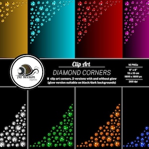 Puede incluir: Clip art digital con esquinas de diamantes en varios colores, incluyendo oro, turquesa, rojo y rosa, sobre un fondo negro. La imagen incluye el texto "DIAMOND CORNERS" y detalles sobre los archivos PNG, que miden 15 x 15 cm.