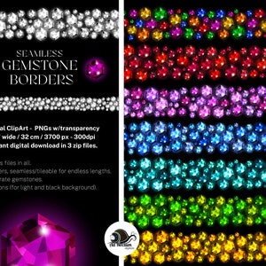 Puede incluir: Un conjunto de 8 bordes de gemas sin costuras, cada uno con un color de gema diferente. Los bordes tienen 30,5 cm de ancho y una resolución de 3700 píxeles. Las gemas están dispuestas en un patrón repetitivo, creando un efecto brillante. Los bordes son perfectos para agregar un toque de glamour a cualquier proyecto de diseño.