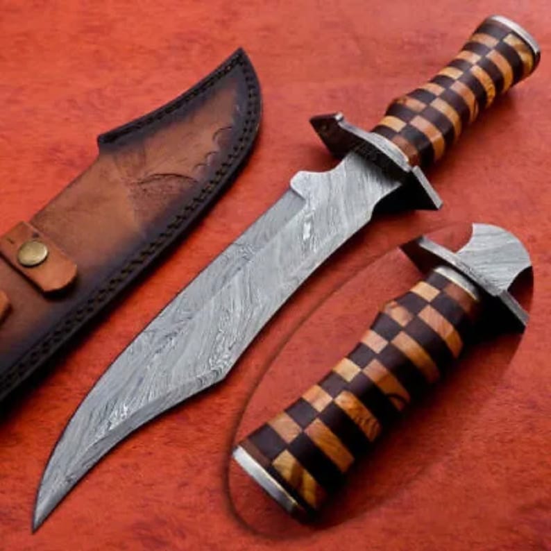 Custom Handmade Damascus Steel Hunting shops Bowie Knife With Wood Handle & Sheath