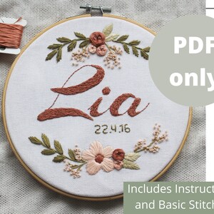 PDF Pattern Embroidery | Floral with baby names or wedding initials