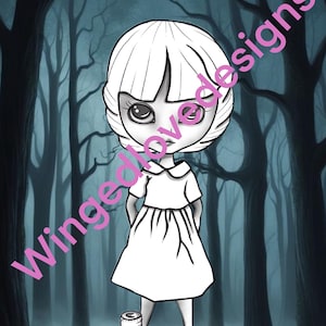 Based on Wednesday Addams  Blythe type doll wall art Black and white Digital Download colouring in page | children’s colouring page