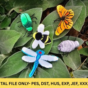 May include: An assortment of colorful embroidered insect and flower designs, including a green beetle, a yellow and black butterfly, a bee, a dragonfly, and a gray bug, are displayed on green leaves. The image includes the text "DIGITAL FILE ONLY- PES, DST, HUS, EXP, JEF, XXX, VIP".