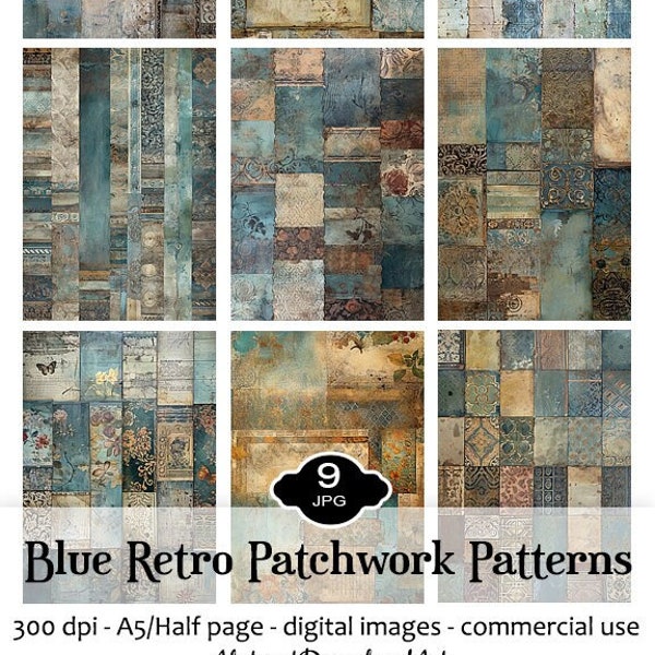 Blue Retro Patchwork Patterns Mixed Media Digital Paper Junk Journal Decoupage Collage Paper Printable Background Scrapbook Commercial Use