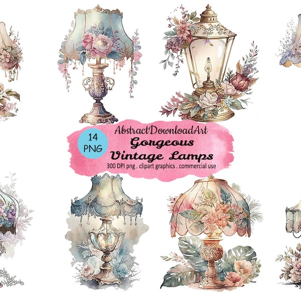 Gorgeous Vintage Lamps clipart - floral lampshade digital watercolor png format instant download graphics for commercial use