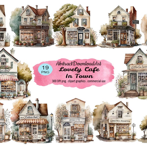 Lovely Cafe In Town clipart - cute cozy coffee shop digital watercolor png format instant download graphics for commercial use