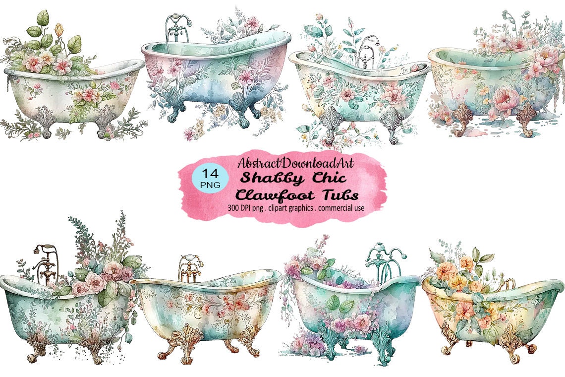 Shabby Chic Clawfoot Tubs Clipart Floral Classical Bathtub, Digital